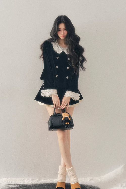 Lace Doll Collar Velvet Tops / Flare Skirt