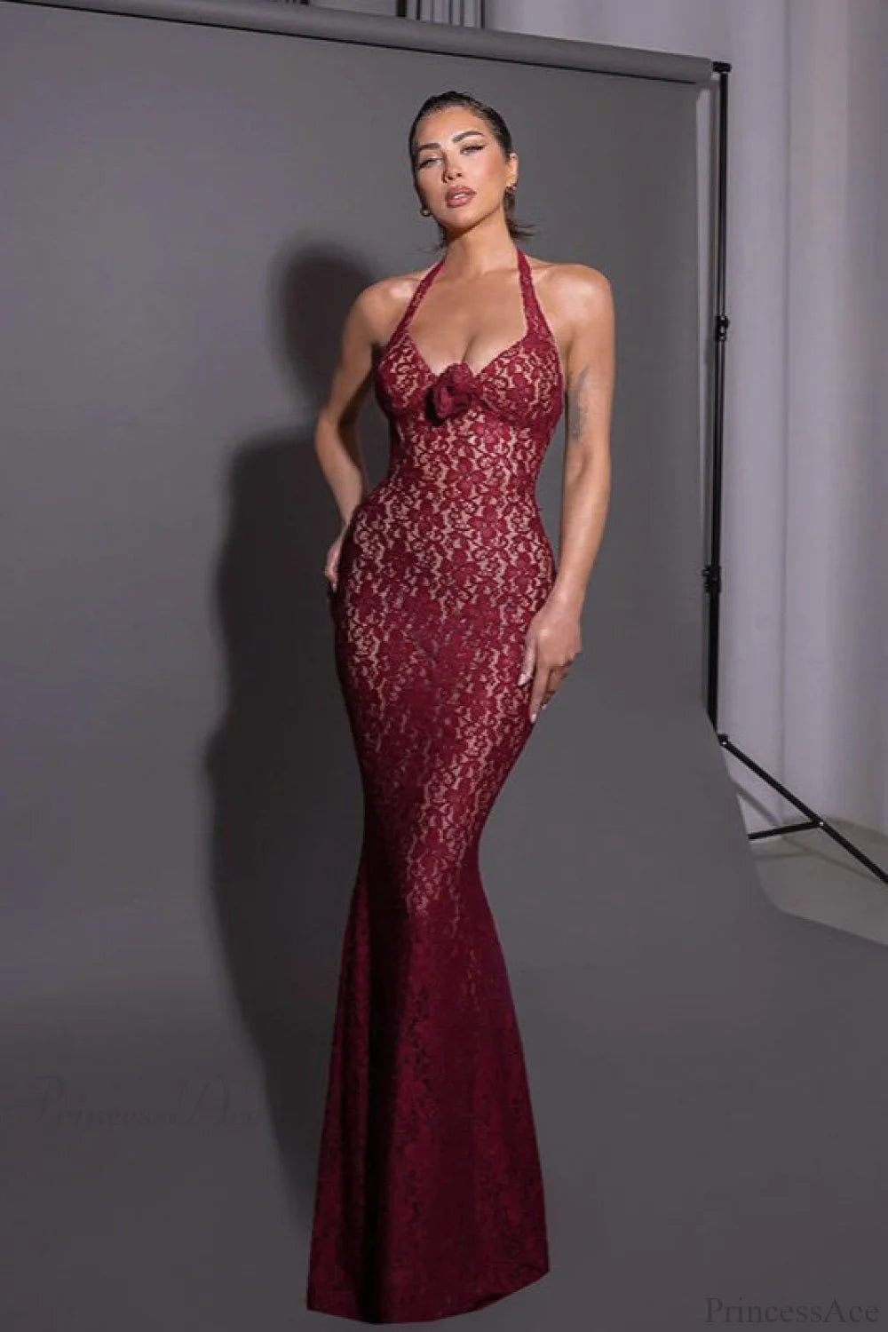 Lace Fitted Halter Bodycon Maxi Dress Lace Fitted Halter Bodycon Maxi Dress