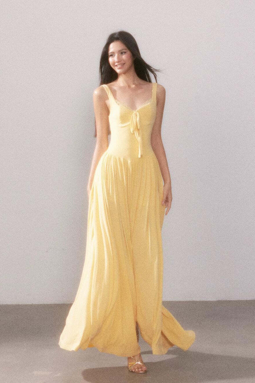 Lace Knit Cami Slit Flowy Maxi Dress