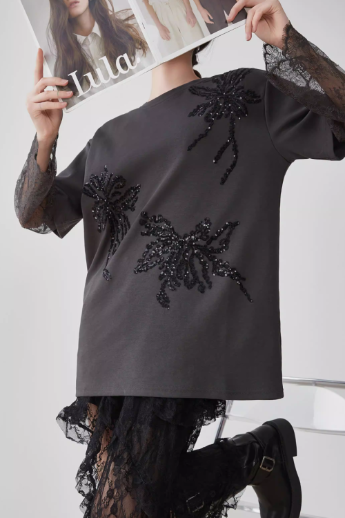 Lace Long-Sleeve Patchwork T-Shirt