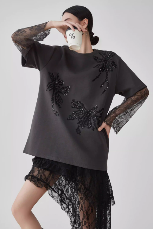 Lace Long-Sleeve Patchwork T-Shirt