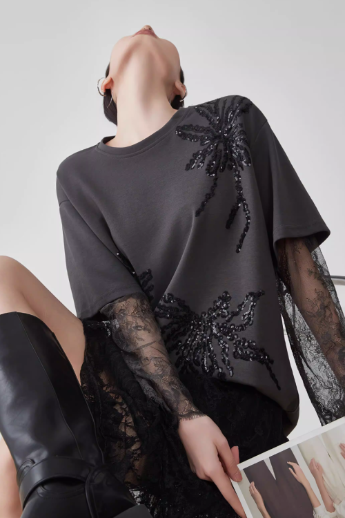 Lace Long-Sleeve Patchwork T-Shirt