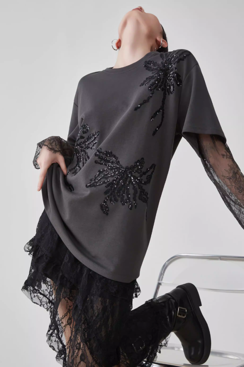 Lace Long-Sleeve Patchwork T-Shirt