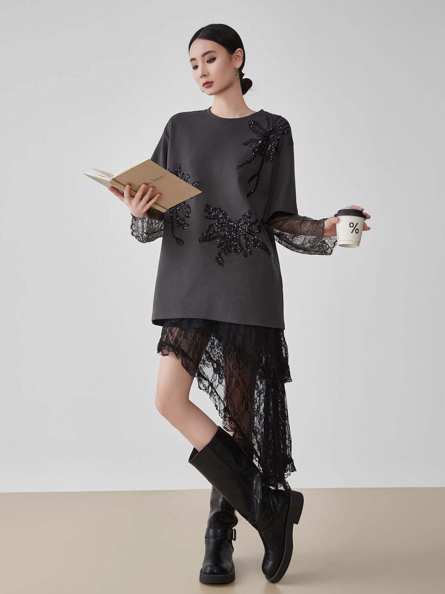 Lace Long-Sleeve Patchwork T-Shirt