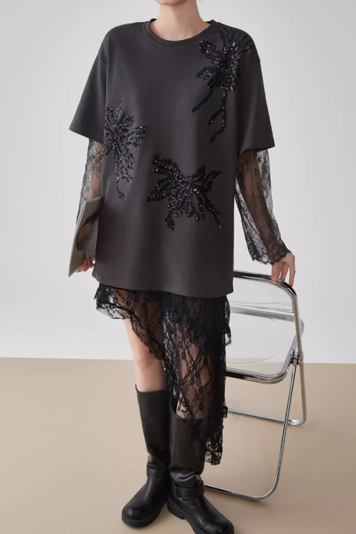 Lace Long-Sleeve Patchwork T-Shirt