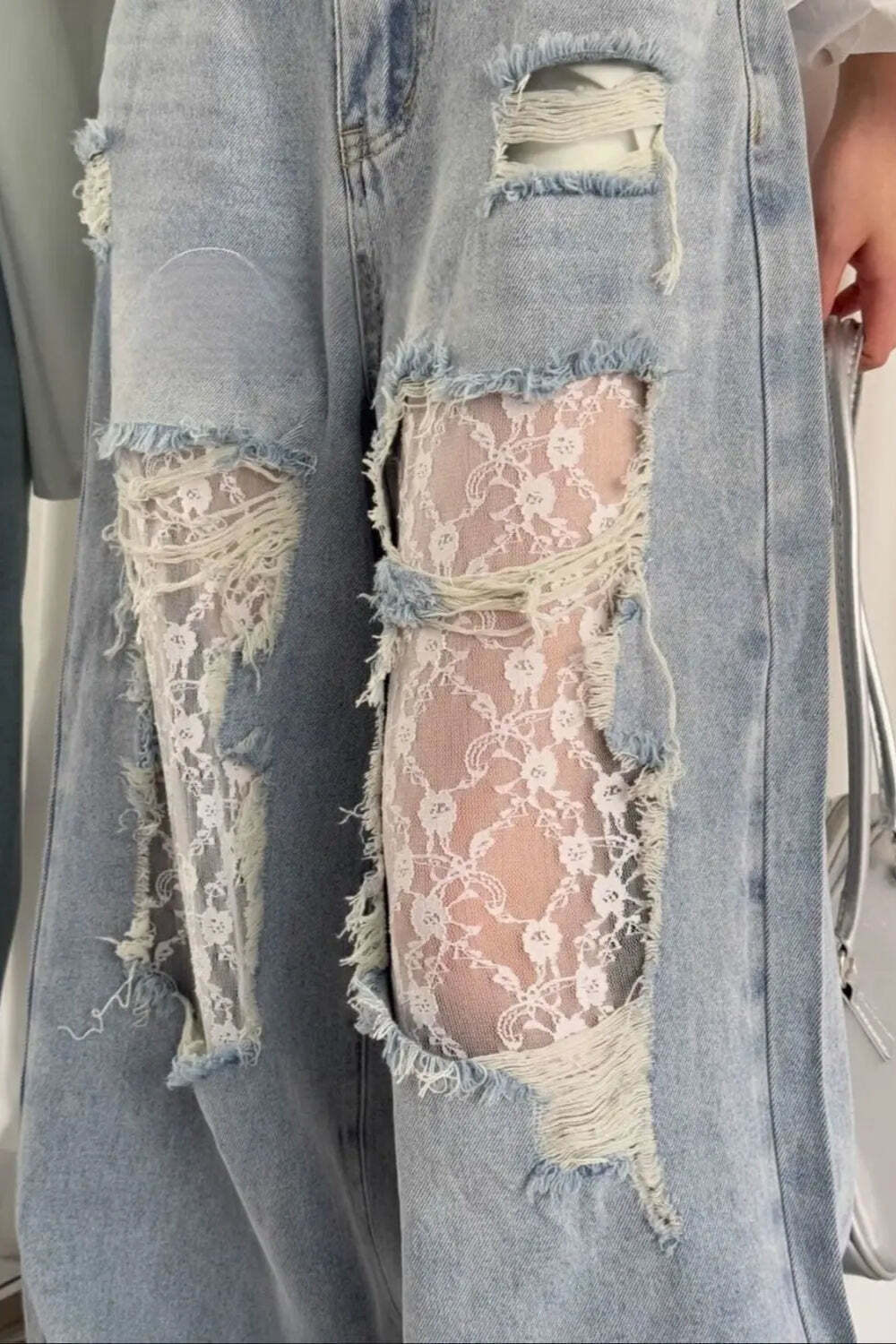 Lace Patchwork Ripped Loose Jeans Lace Patchwork Ripped Loose Jeans