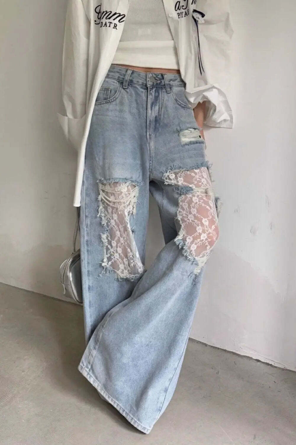 Lace Patchwork Ripped Loose Jeans Lace Patchwork Ripped Loose Jeans