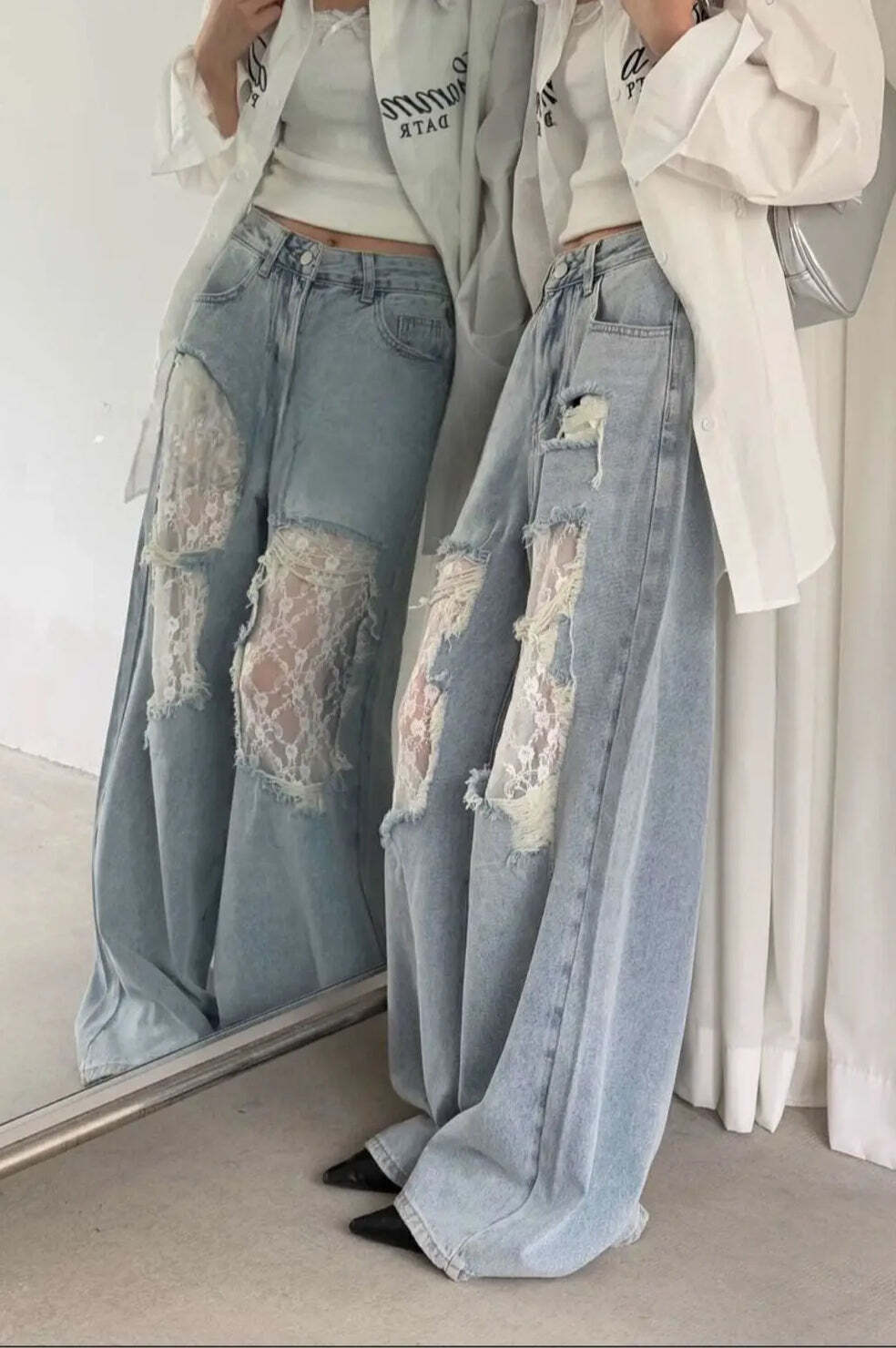 Lace Patchwork Ripped Loose Jeans Lace Patchwork Ripped Loose Jeans
