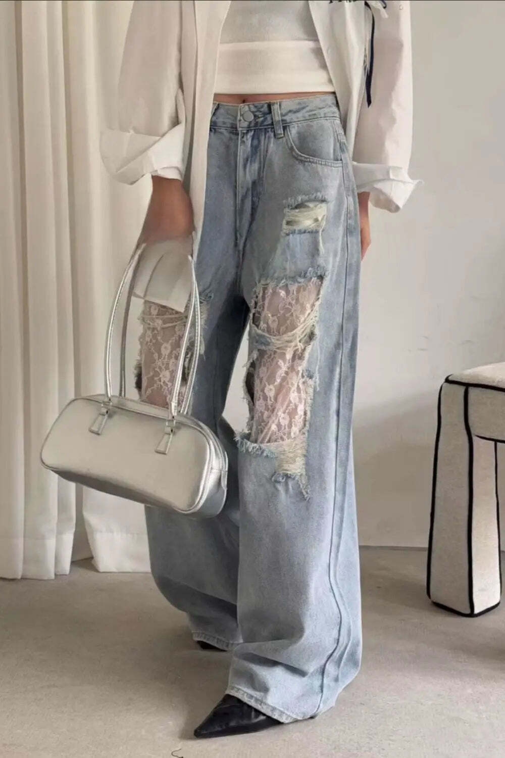 Lace Patchwork Ripped Loose Jeans Lace Patchwork Ripped Loose Jeans