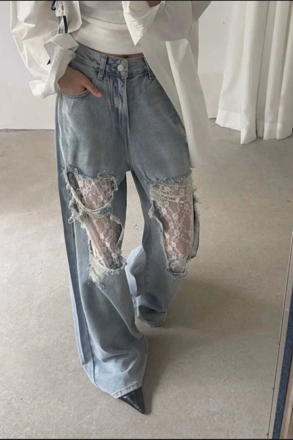 Lace Patchwork Ripped Loose Jeans Lace Patchwork Ripped Loose Jeans