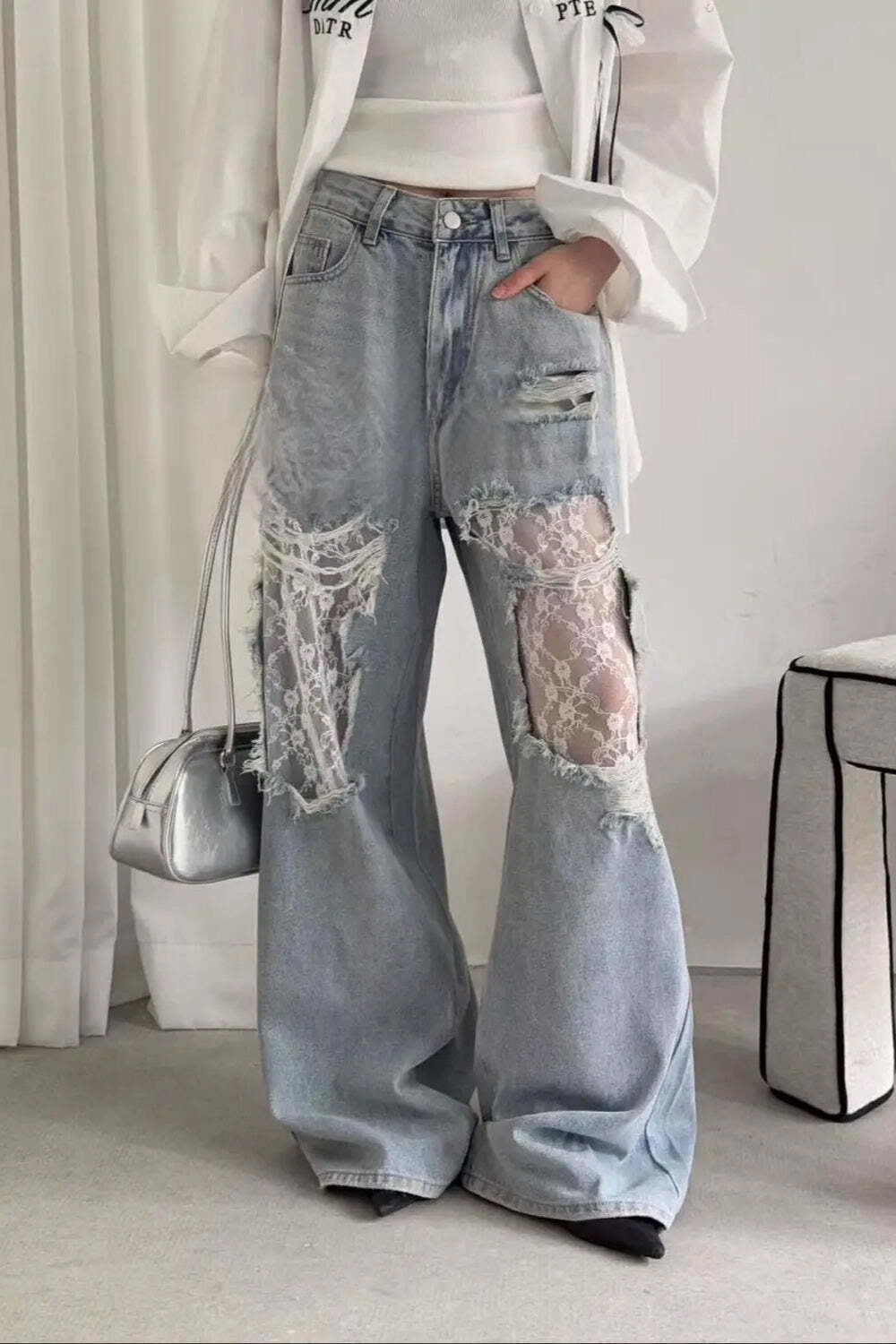Lace Patchwork Ripped Loose Jeans Lace Patchwork Ripped Loose Jeans