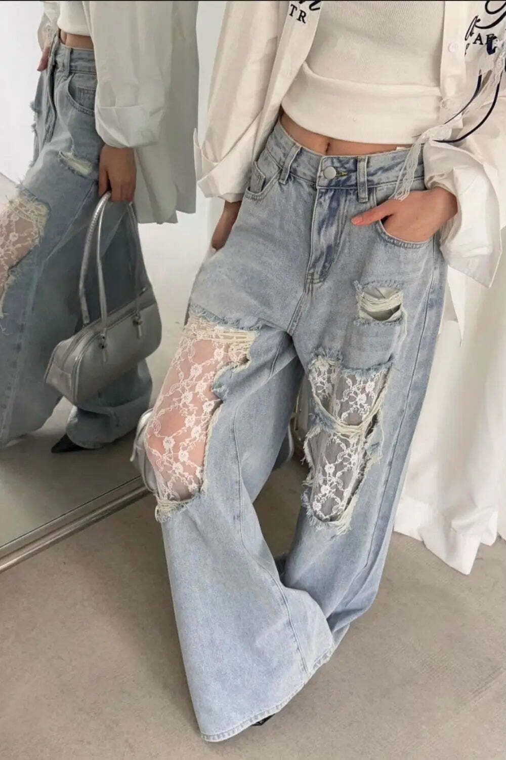 Lace Patchwork Ripped Loose Jeans Lace Patchwork Ripped Loose Jeans
