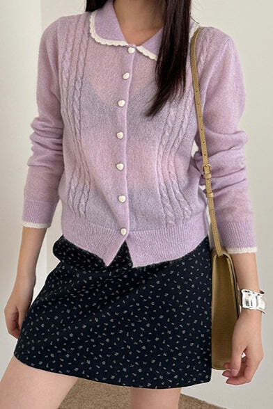 Lace Peter Pan Collar Lightweight Wool Knit Cardigan