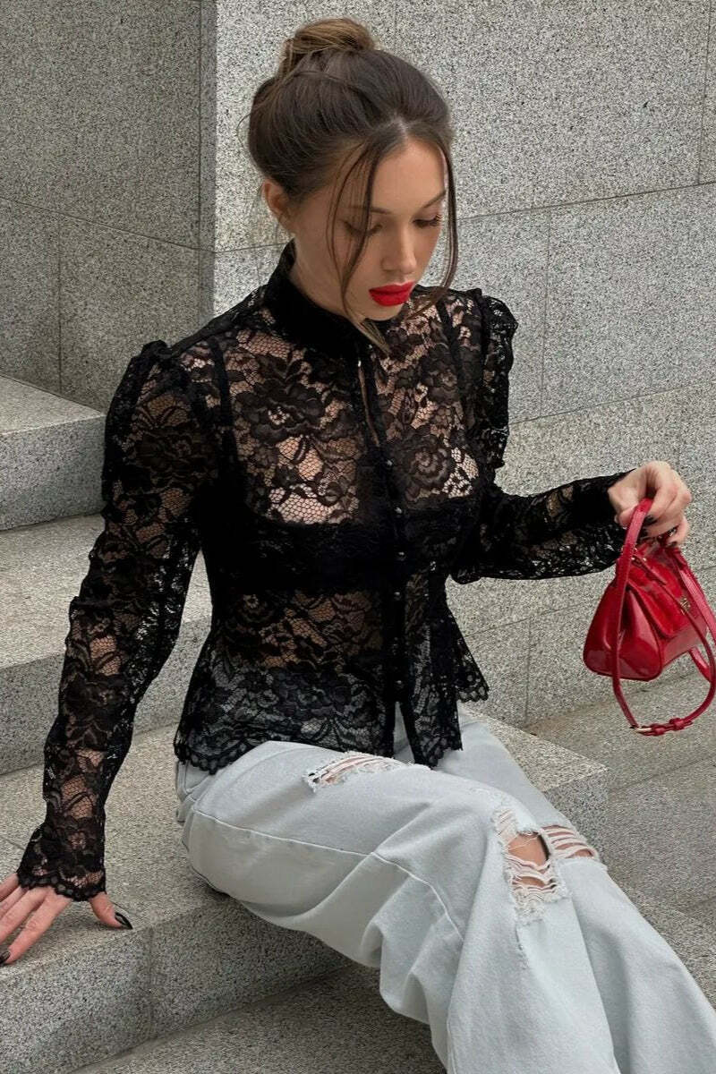 Lace Puff Sleeve Stand Collar Elegant Blouse