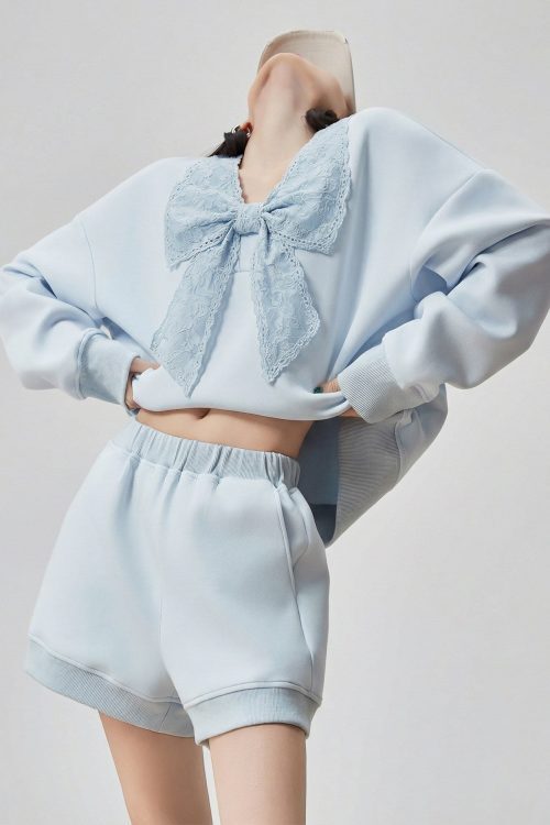 Lace Ribbon Long-Sleeve Top / Shorts