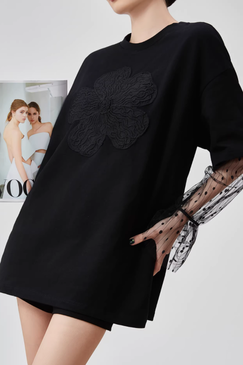 Lace Sleeve Round Neck T-Shirt