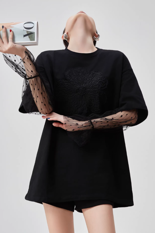 Lace Sleeve Round Neck T-Shirt