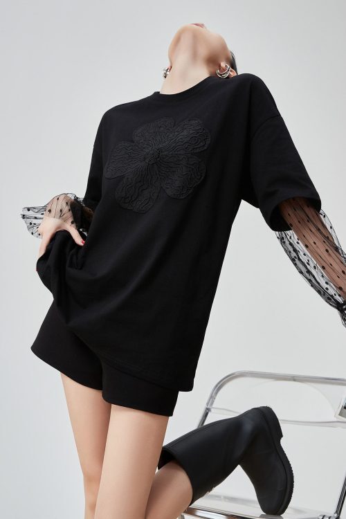 Lace Sleeve Round Neck T-Shirt