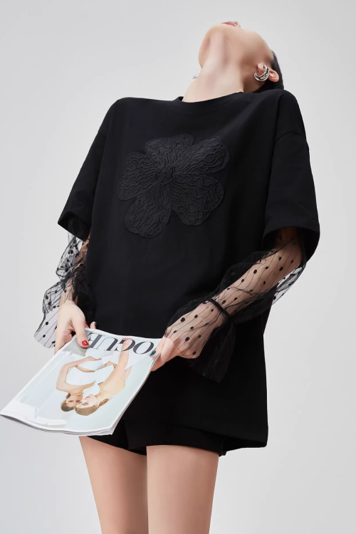 Lace Sleeve Round Neck T-Shirt