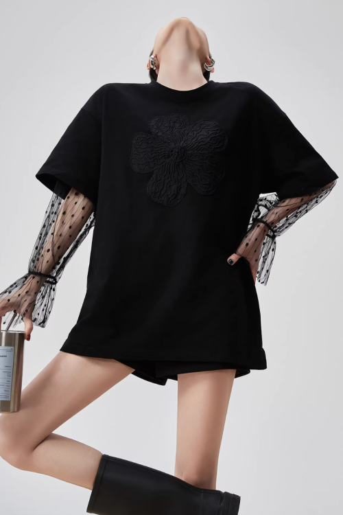 Lace Sleeve Round Neck T-Shirt
