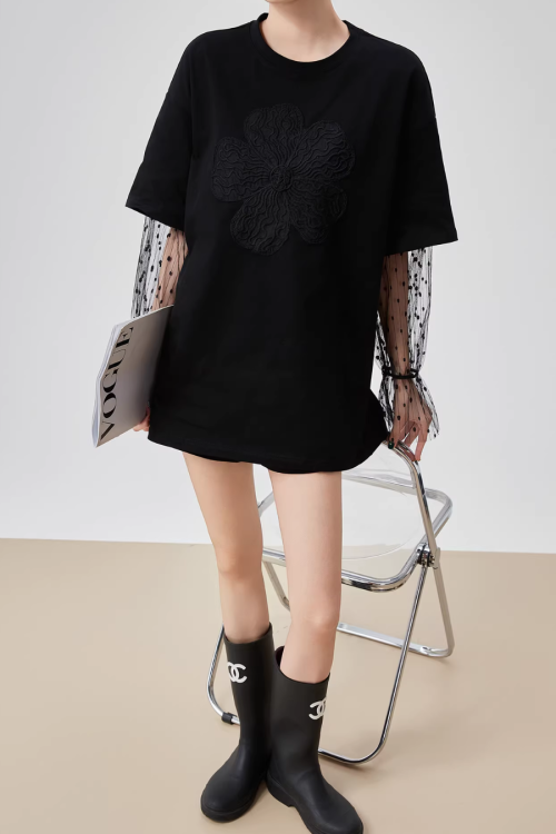 Lace Sleeve Round Neck T-Shirt