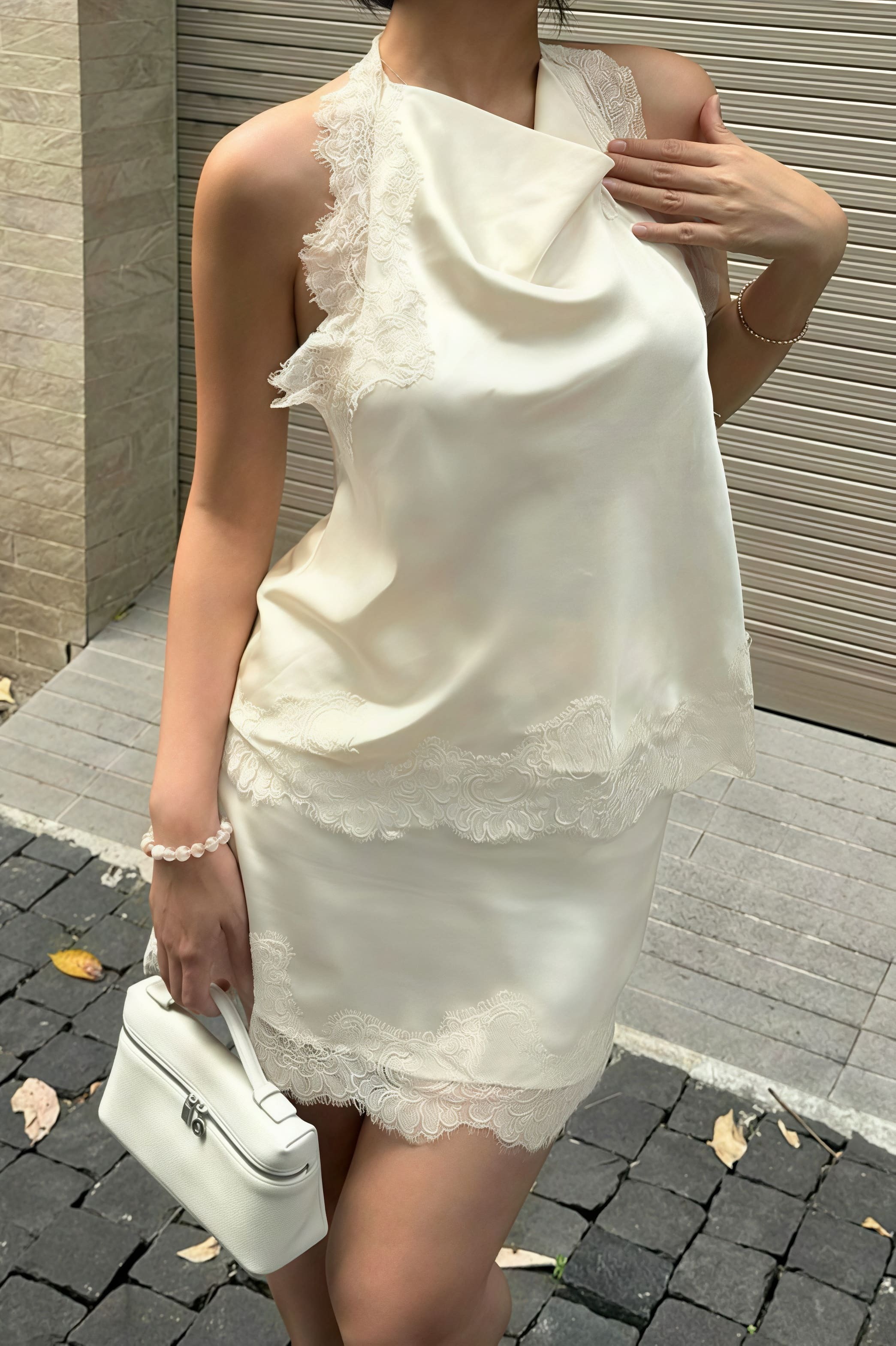 Lace Sleeveless Draped Collar Halter Mini Dress Lace Sleeveless Draped Collar Halter Mini Dress