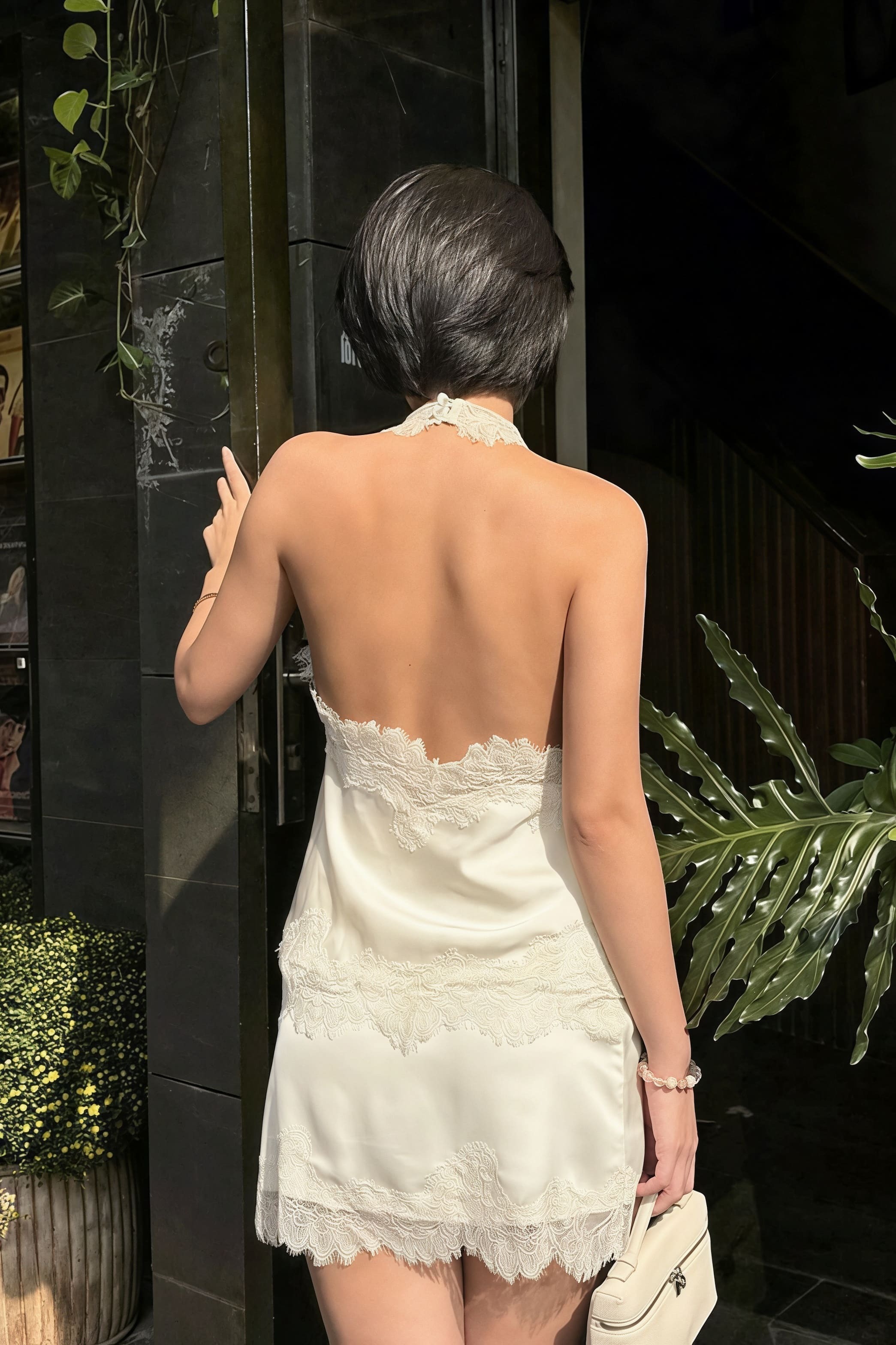 Lace Sleeveless Draped Collar Halter Mini Dress Lace Sleeveless Draped Collar Halter Mini Dress