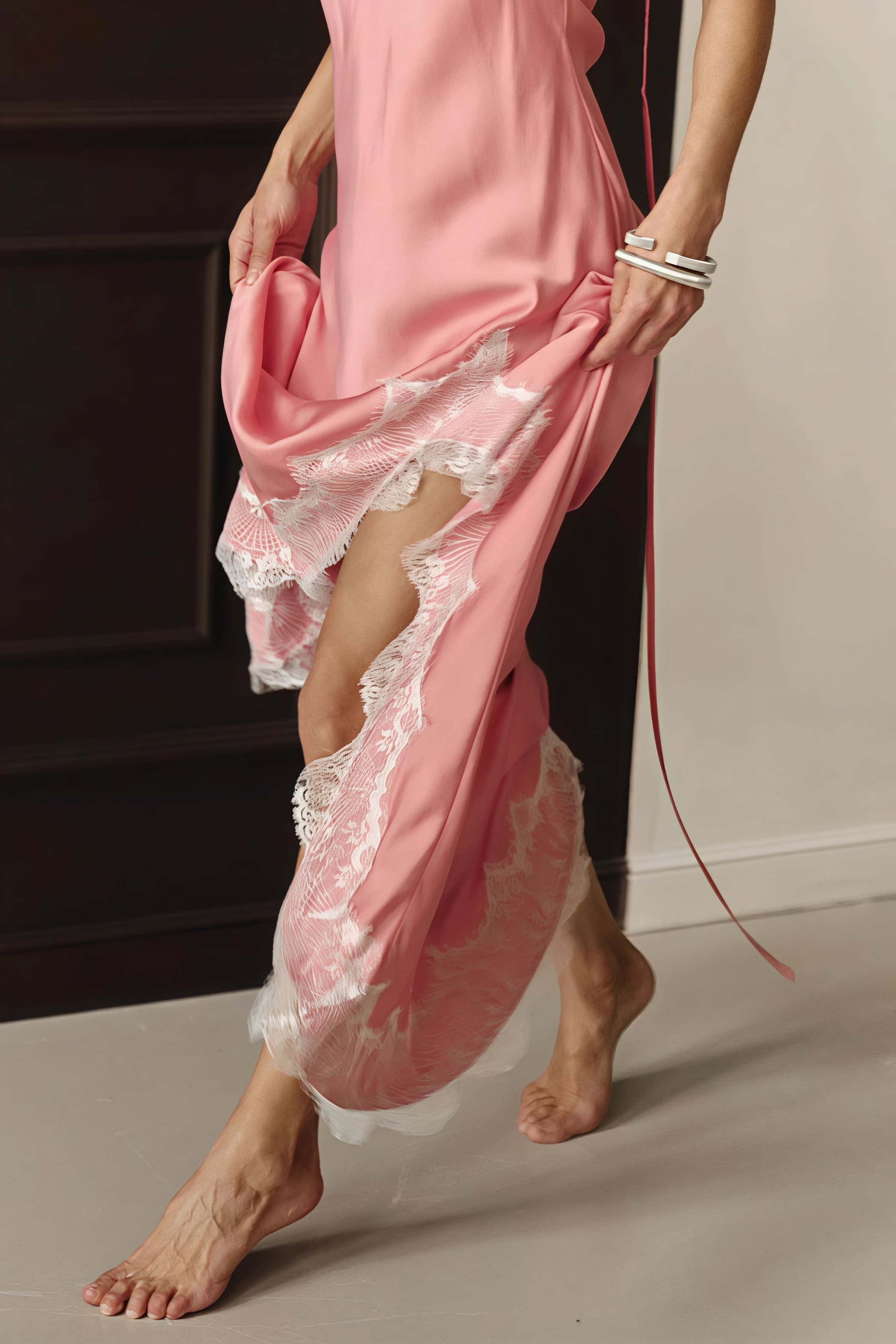 Lace Spaghetti Strap Silk-Like Slit Maxi Dress Lace Spaghetti Strap Silk-Like Slit Maxi Dress