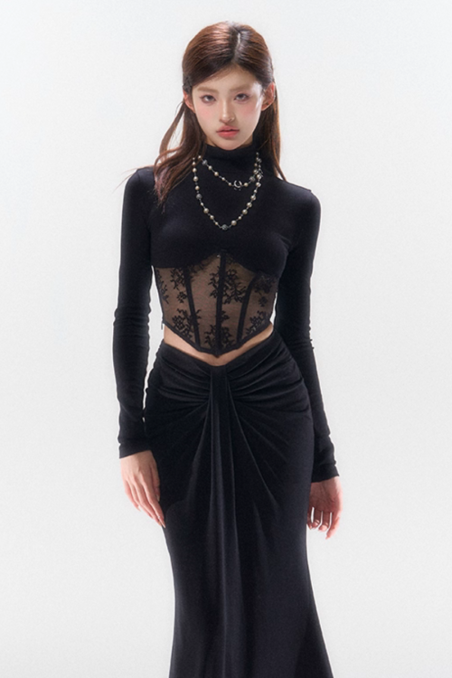Lace Spliced Waist Long Sleeve Top