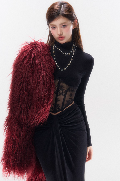 Lace Spliced Waist Long Sleeve Top