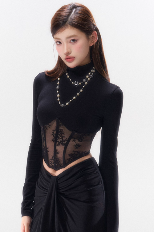 Lace Spliced Waist Long Sleeve Top