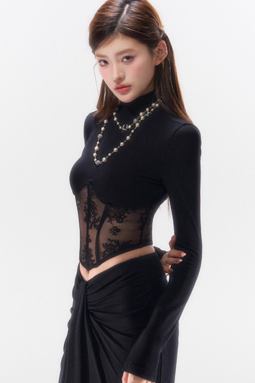 Lace Spliced Waist Long Sleeve Top