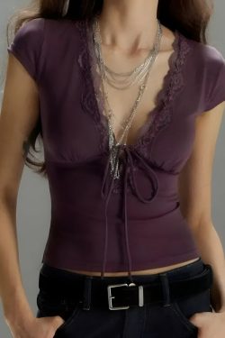 Lace Trim Tie Front Top
