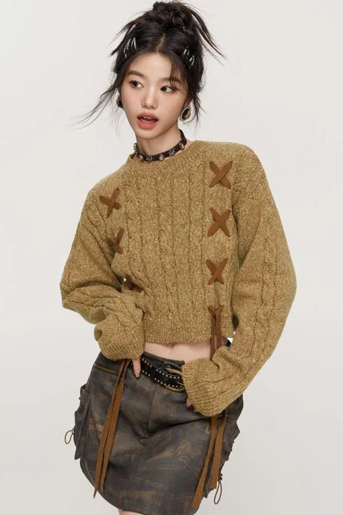 Lace-Up Detail Crop Sweater