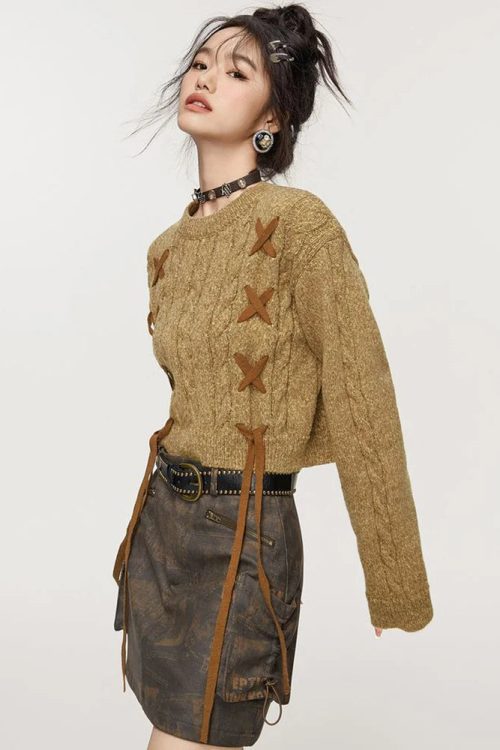 Lace-Up Detail Crop Sweater