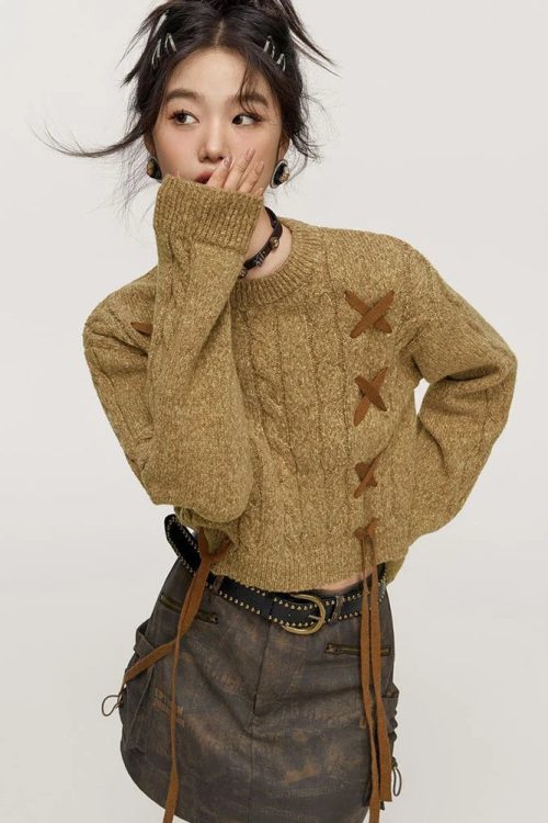 Lace-Up Detail Crop Sweater