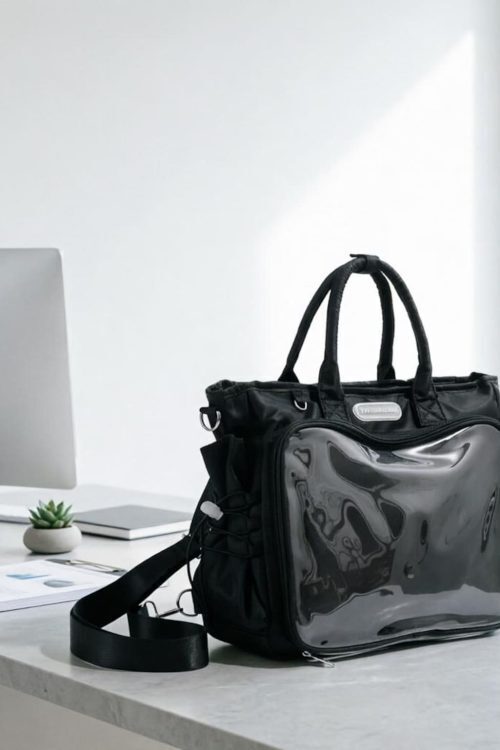 Large Black Convertible Ita Bag with Clear Window for Plushies and Pins
