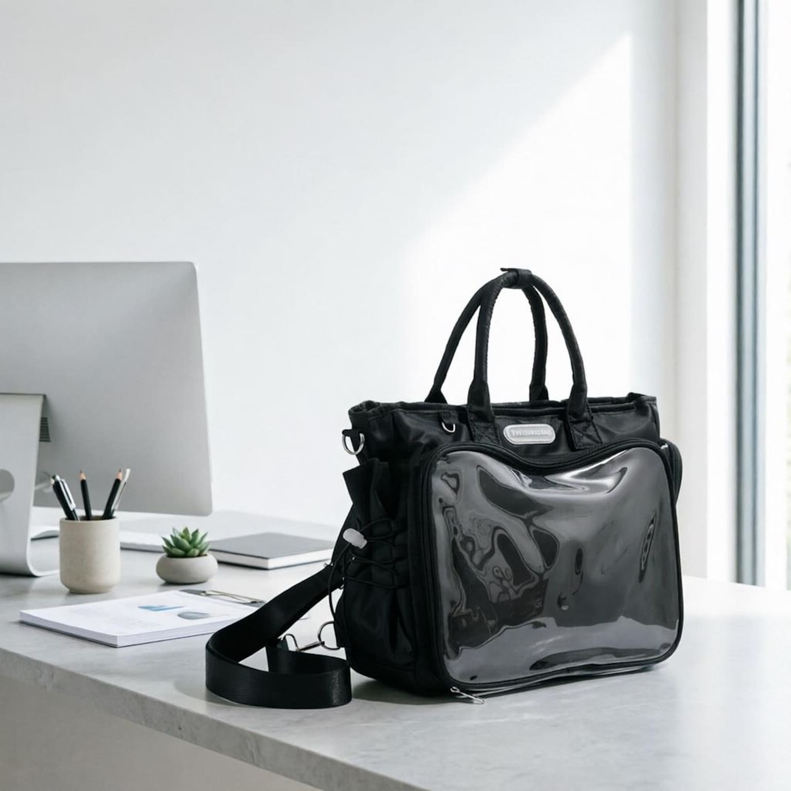 Large Black Convertible Ita Bag with Clear Window for Plushies and Pins Large Black Convertible Ita Bag with Clear Window for Plushies and Pins