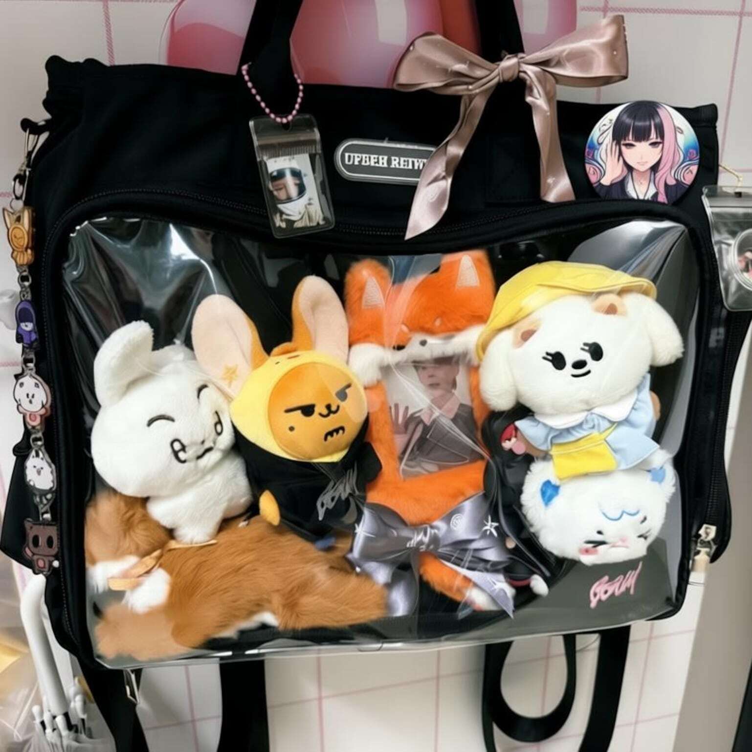 Large Black Convertible Ita Bag with Clear Window for Plushies and Pins Large Black Convertible Ita Bag with Clear Window for Plushies and Pins