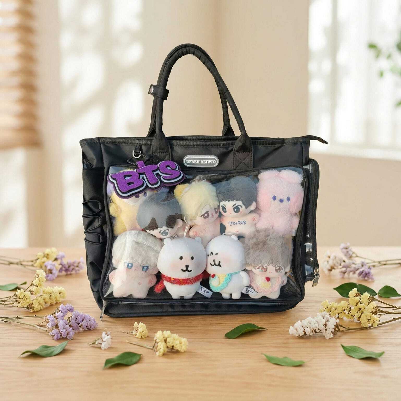 Large Black Convertible Ita Bag with Clear Window for Plushies and Pins Large Black Convertible Ita Bag with Clear Window for Plushies and Pins