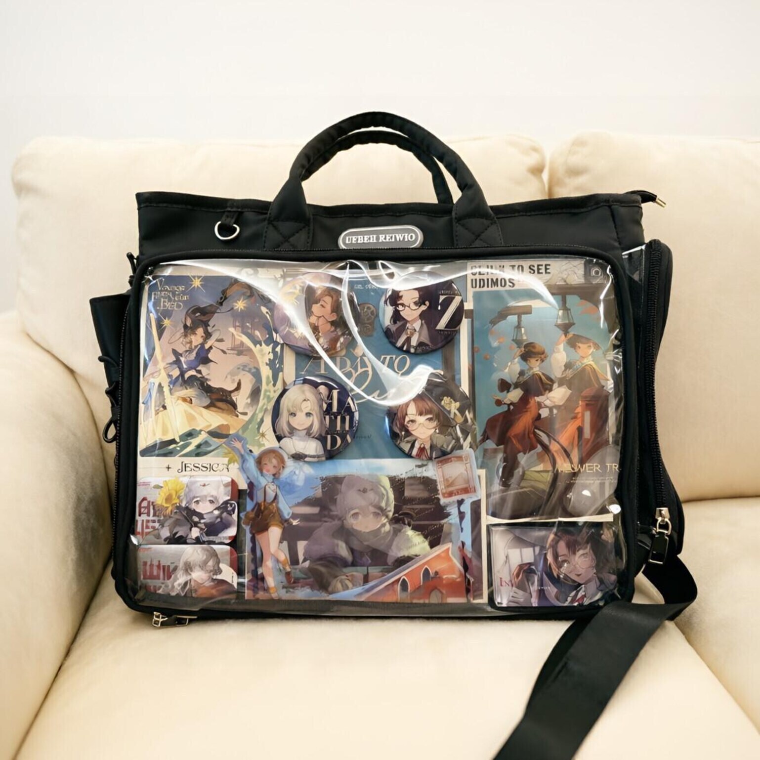 Large Black Convertible Ita Bag with Clear Window for Plushies and Pins Large Black Convertible Ita Bag with Clear Window for Plushies and Pins
