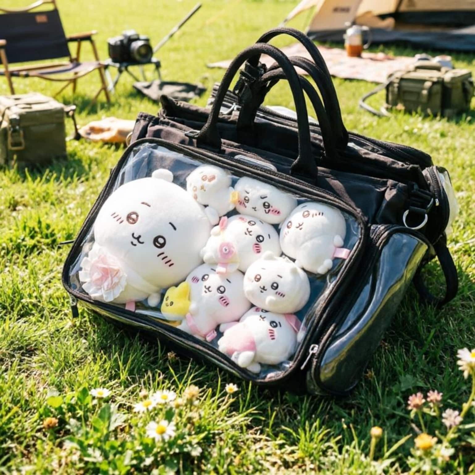 Large Black Convertible Ita Bag with Clear Window for Plushies and Pins Large Black Convertible Ita Bag with Clear Window for Plushies and Pins