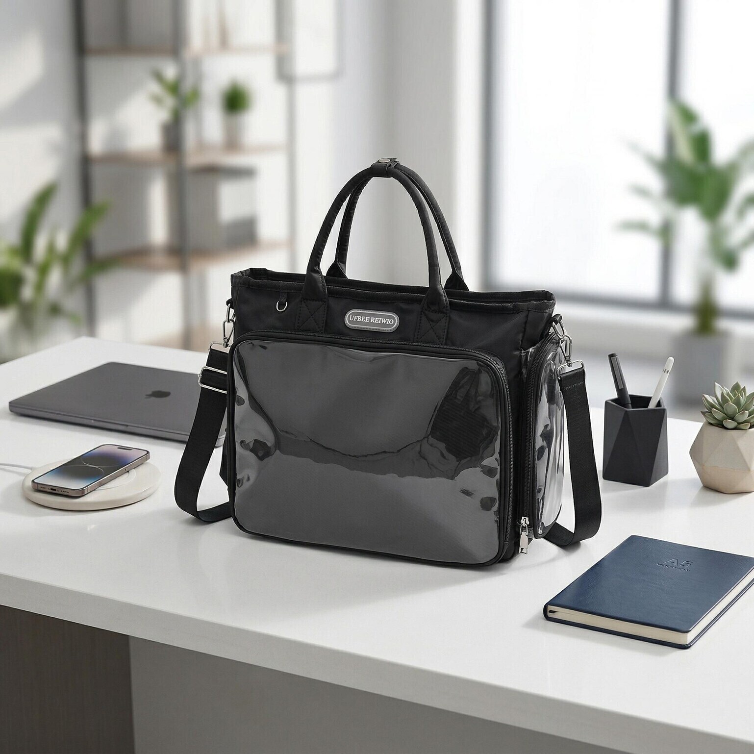 Large Black Convertible Ita Bag with Clear Window for Plushies and Pins Large Black Convertible Ita Bag with Clear Window for Plushies and Pins