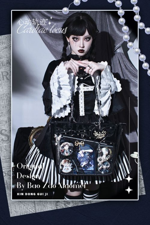 Large Black Gothic Ita Tote Bag with Clear Window and Included Insert for Pin Display