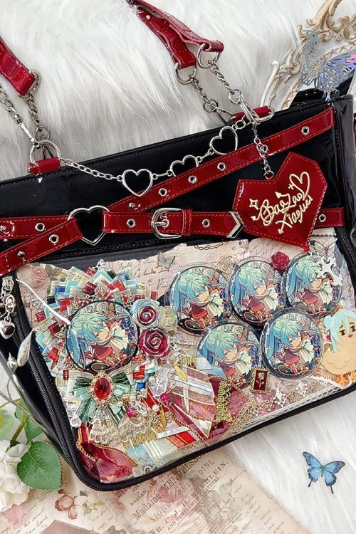 Large Black Gothic Ita Tote Bag with Clear Window and Included Insert for Pin Display