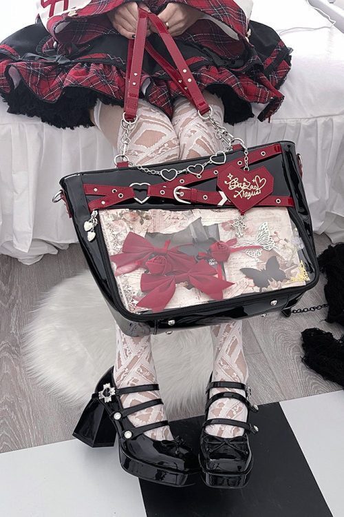 Large Black Gothic Ita Tote Bag with Clear Window and Included Insert for Pin Display