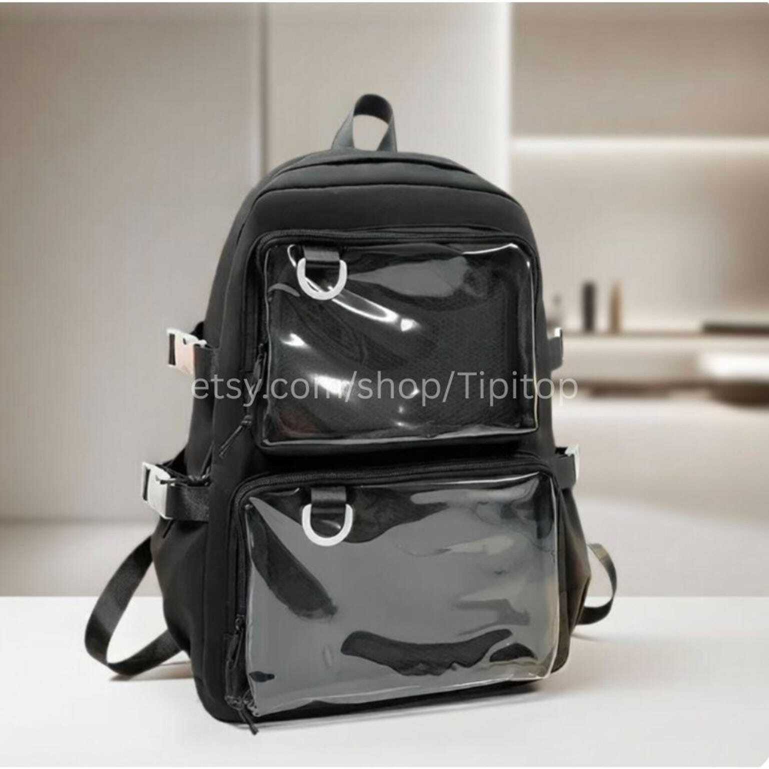 Large Black Ita Backpack with Clear Window for Pin Display Large Black Ita Backpack with Clear Window for Pin Display