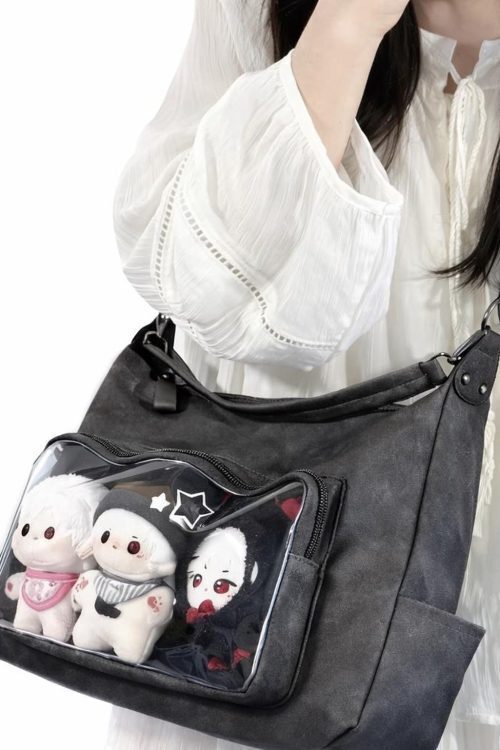 Large Black Ita Messenger Bag with Clear Window for Plushies and Pins