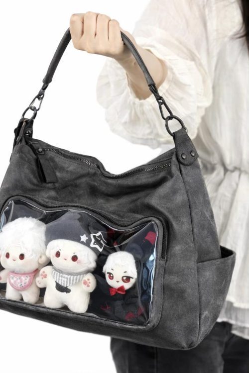 Large Black Ita Messenger Bag with Clear Window for Plushies and Pins