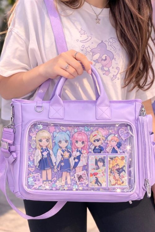 Large Black Kawaii Convertible Ita Bag with Clear Window for Photocards and Pins